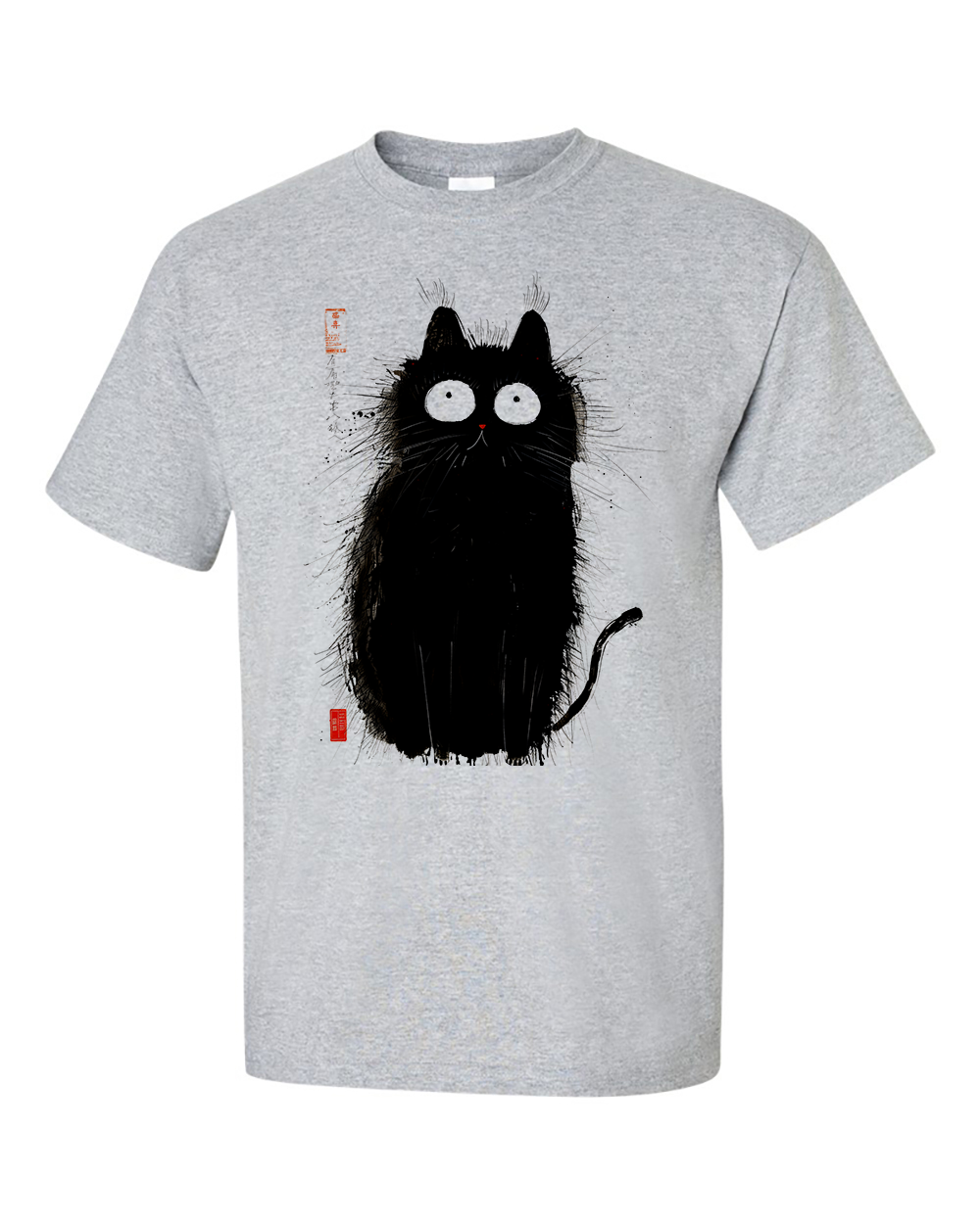 Fluffy Black Cat T-Shirt Matsumoto Hoji Style Ink Drawing Ukiyo-e Shirt