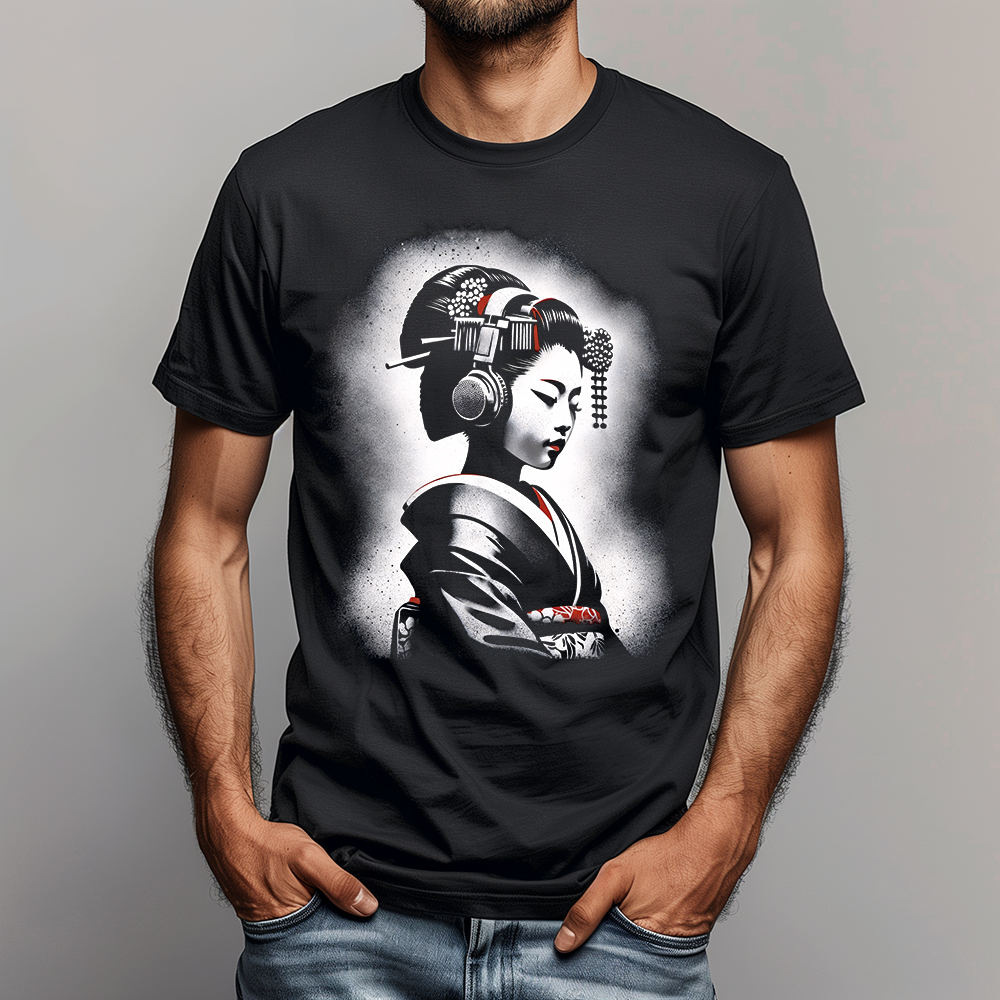 Headphone Geisha Girl T-Shirt Graffiti Stencil Spray Paint Shirt