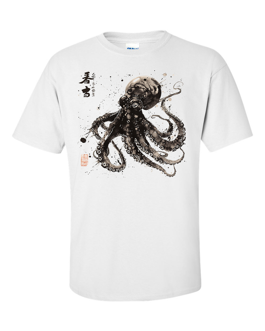 Octopus T-Shirt , Japanese Calligraphy, Tako Kanji Gyotaku Ukiyo-e Woodblock Shirt