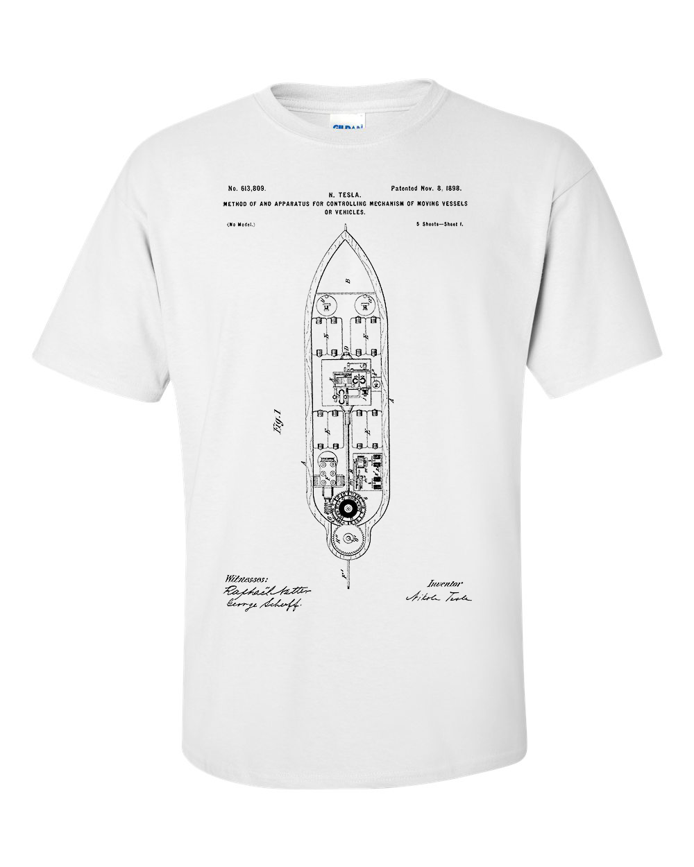 Nikola Tesla Remote Control For Ships and Vehicles Patent Blueprint T-Shirt
