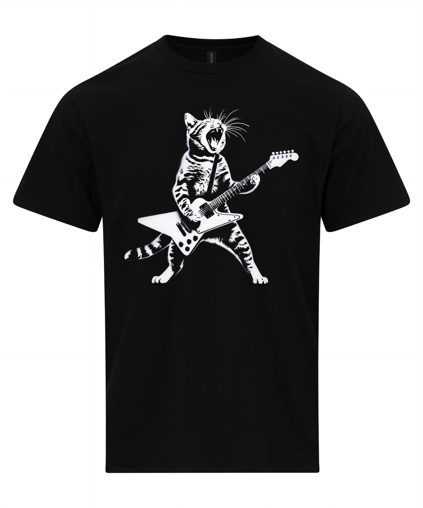 Rock Band Cat T-Shirt – Electric Guitar Cat Shirt, Music Lover Gift, Funny Cat Graphic Tee, Musician Cat Stencil T-Shirt