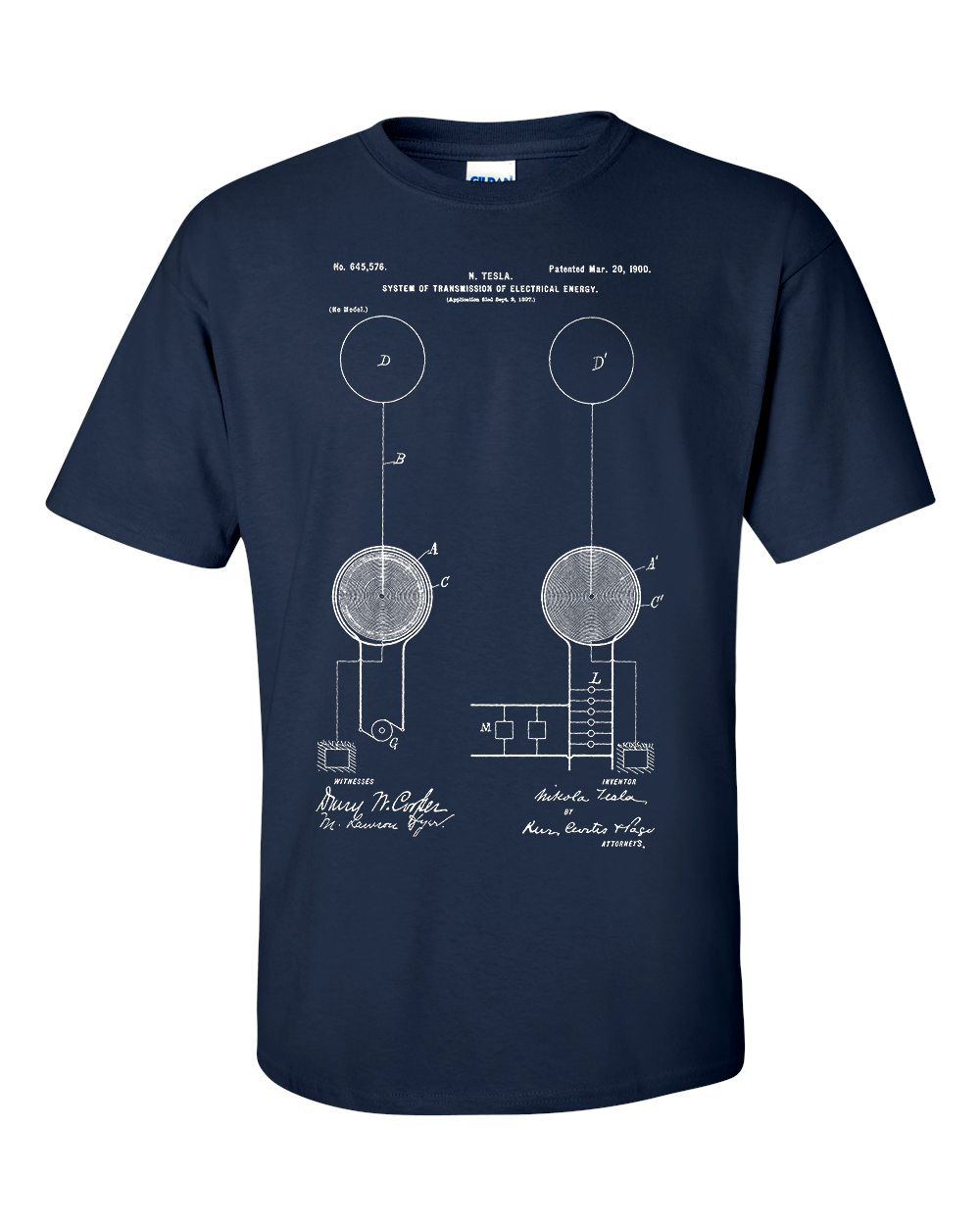 Nikola Tesla System of transmission of electrical energy Wireless Energy Patent Blueprint T-Shirt