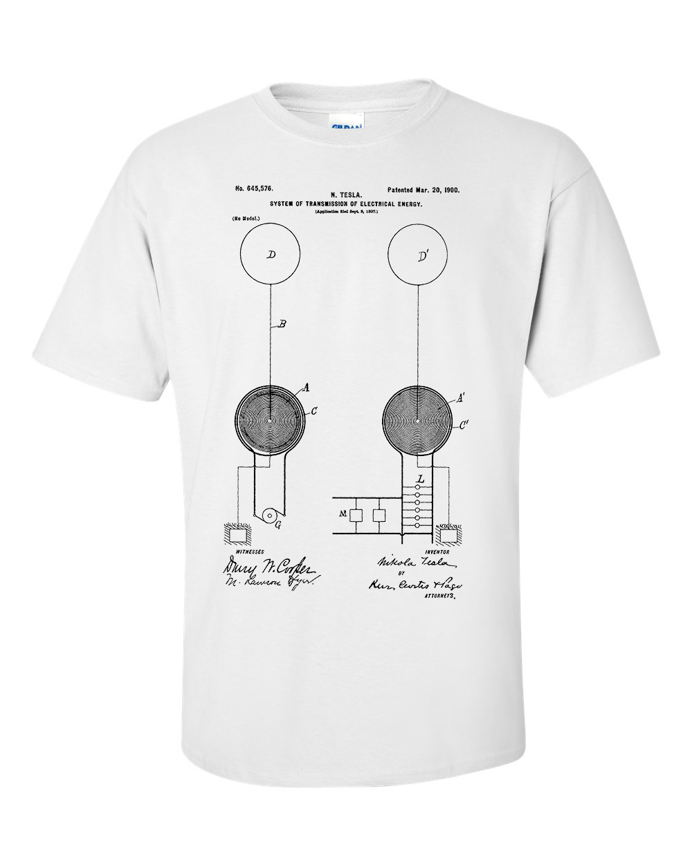 Nikola Tesla System of transmission of electrical energy Wireless Energy Patent Blueprint T-Shirt