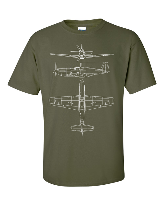 P51 Mustang T-Shirt Fighter Technical Drawing Blueprint USAF WW2 Fighter Aircraft Shirt