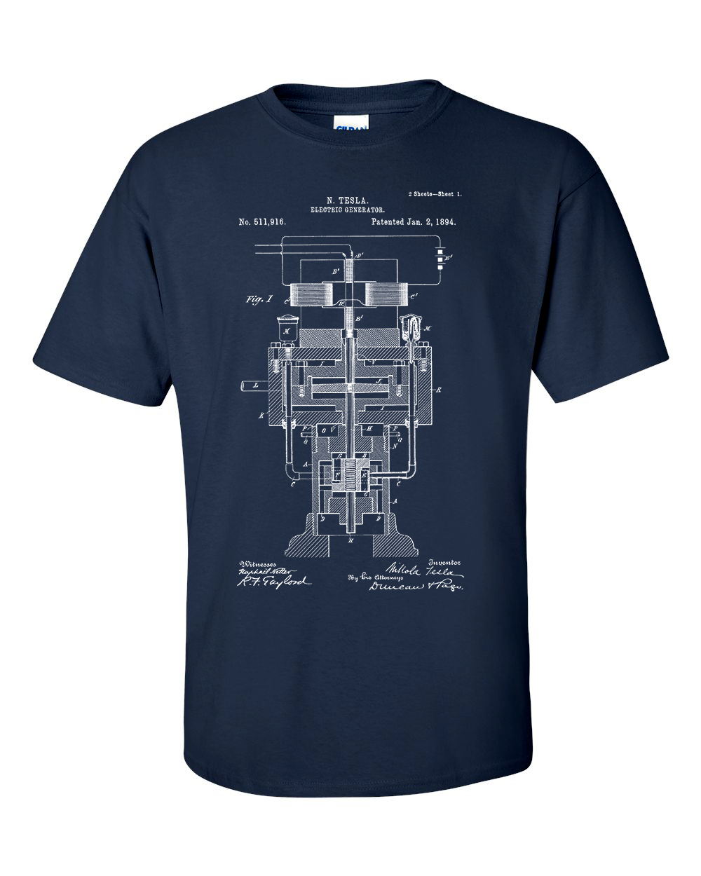 Nicola Tesla Electric Generator Patent Blueprint T-Shirt