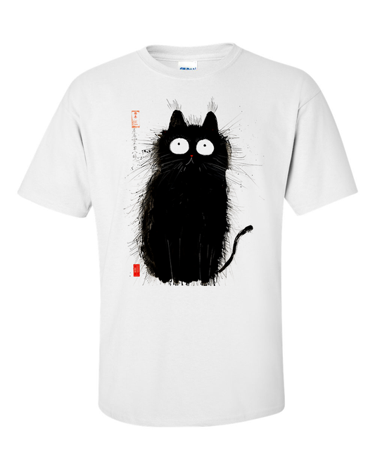 Fluffy Black Cat T-Shirt Matsumoto Hoji Style Ink Drawing Ukiyo-e Shirt