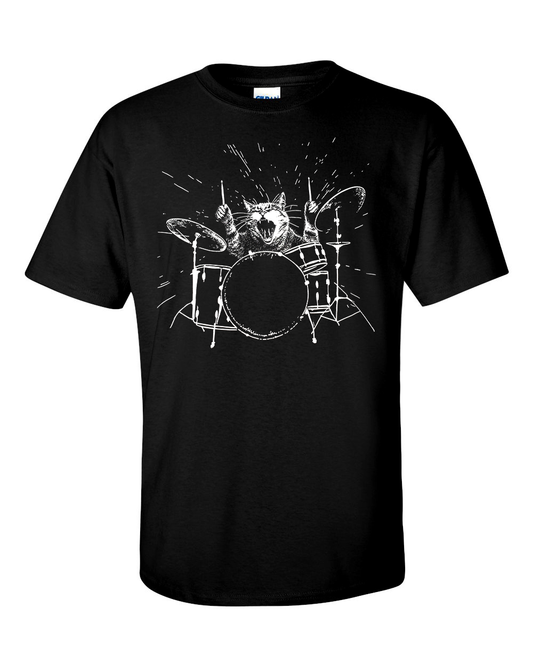 Cat Drummer T-Shirt, Cat Playing Drums, Drum Player Stencil Shirt