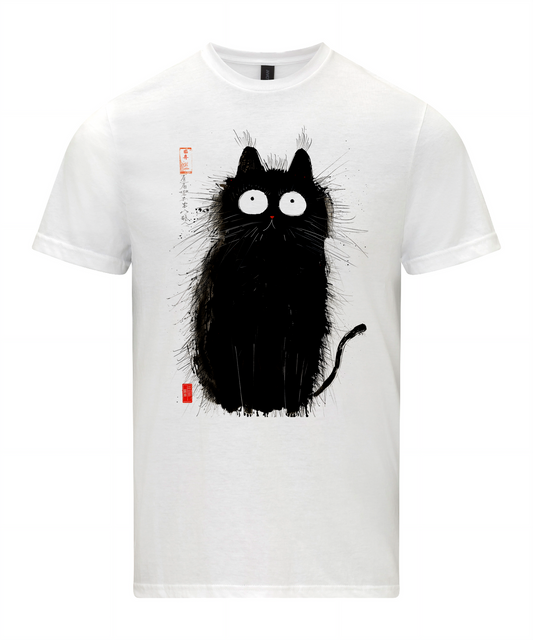 Fluffy Black Cat T-Shirt Matsumoto Hoji Style Ink Drawing Ukiyo-e Shirt