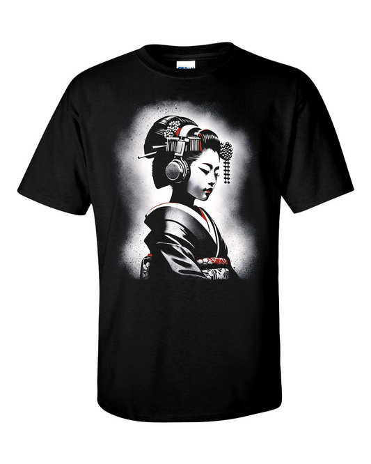 Headphone Geisha Girl T-Shirt Graffiti Stencil Spray Paint Shirt