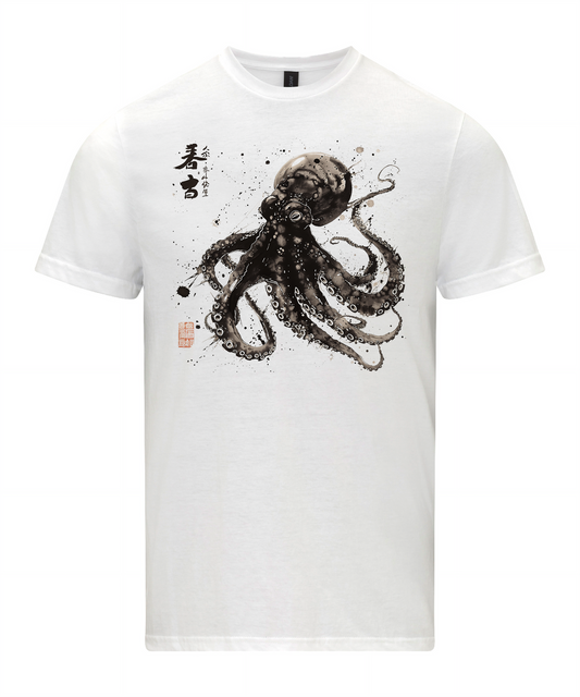Octopus T-Shirt , Japanese Calligraphy, Tako Kanji Gyotaku Ukiyo-e Woodblock Shirt