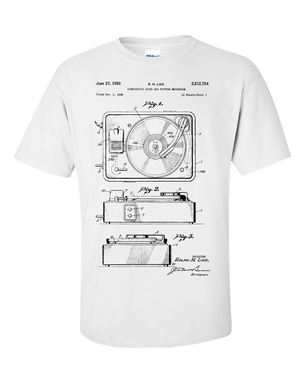 Record Player Patent T Shirt, Turntable Blueprint, Vinyl Record Shirt