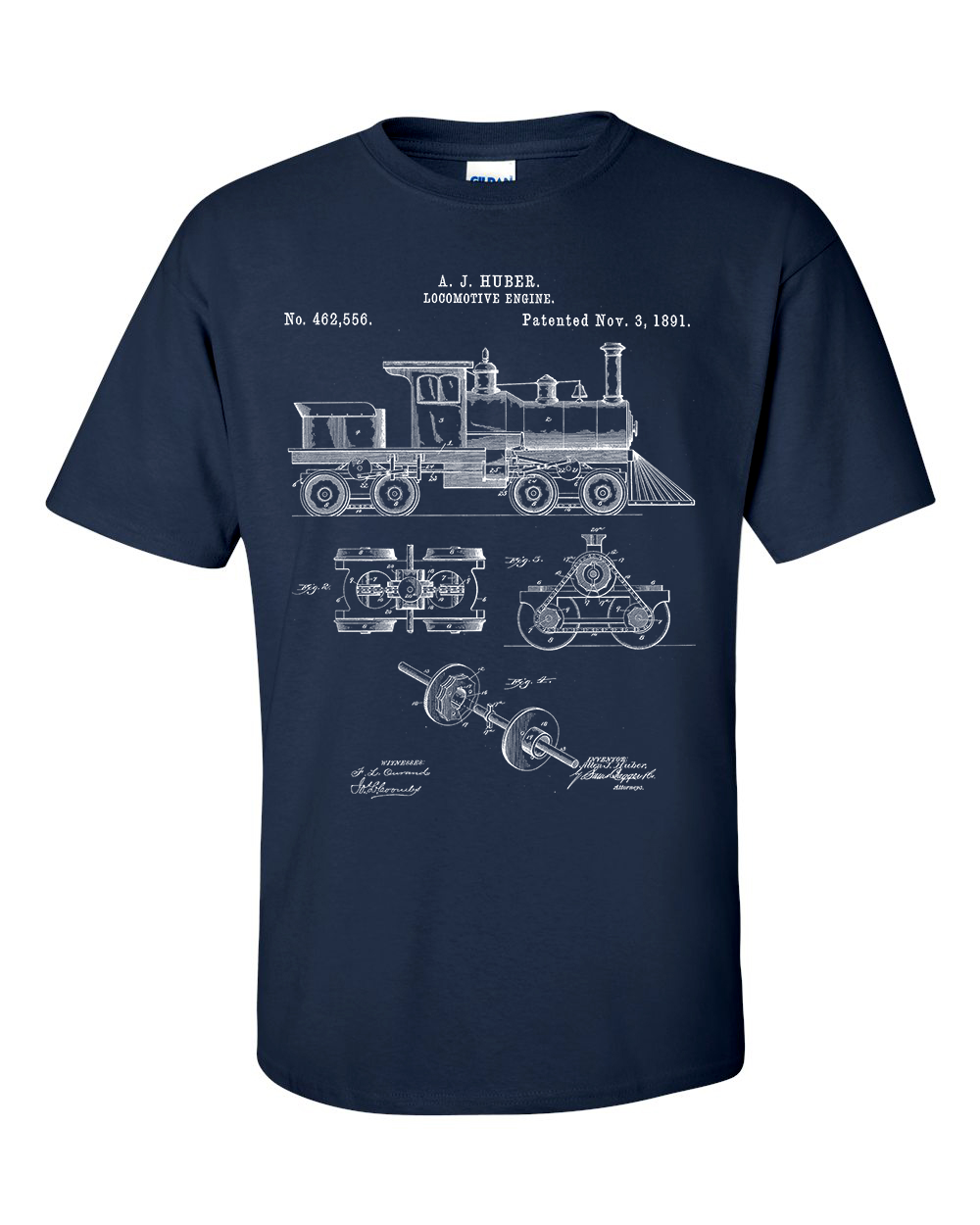 Steam Engine T-Shirt, Locomotive Train, Patent Blueprint Shirt