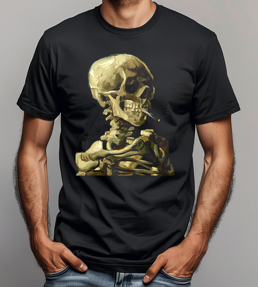 Skull of a Skeleton with Burning Cigarette by Vincent Van Gogh Fine Art T-Shirt