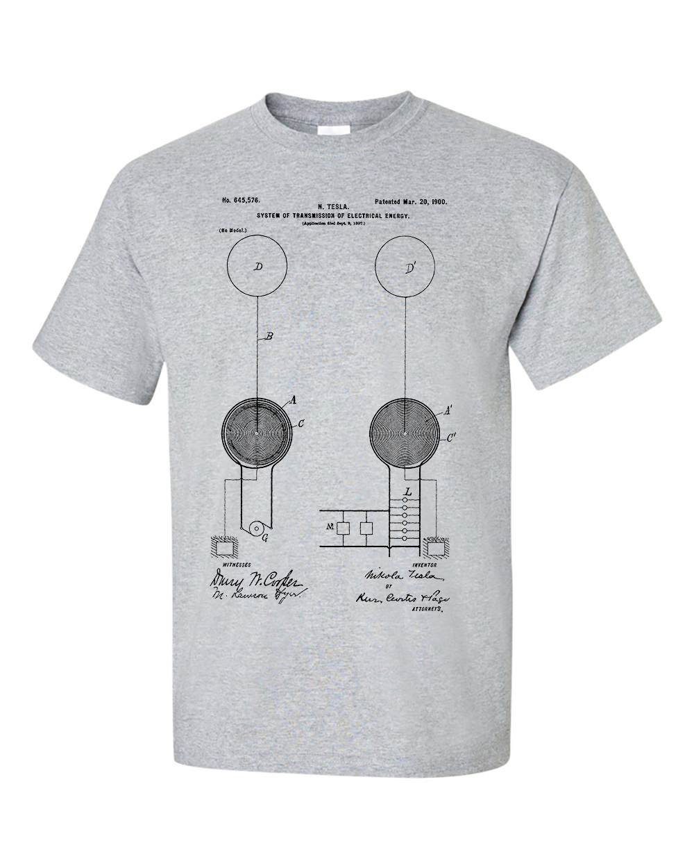 Nikola Tesla System of transmission of electrical energy Wireless Energy Patent Blueprint T-Shirt