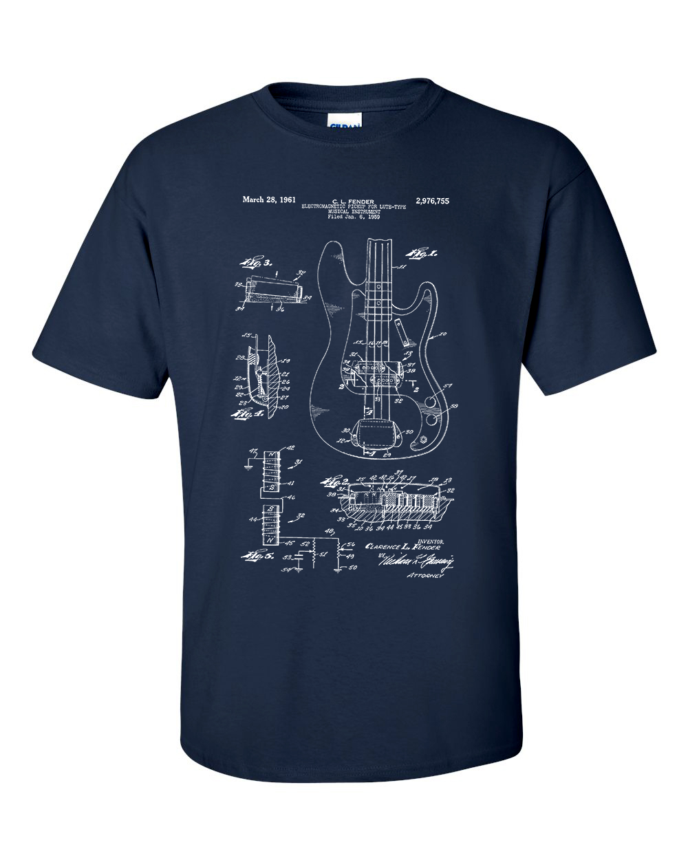 Bass Guitar T-Shirt Patent Blueprint Band  Bassist Shirt