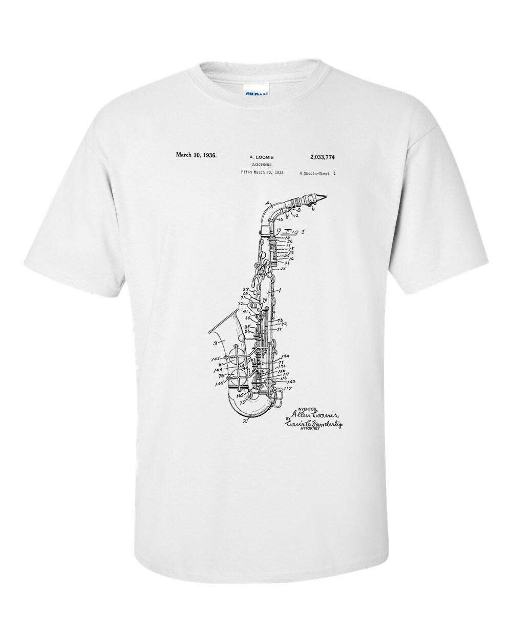 Saxophone Patent Blueprint Musical Instrument Music T-Shirt