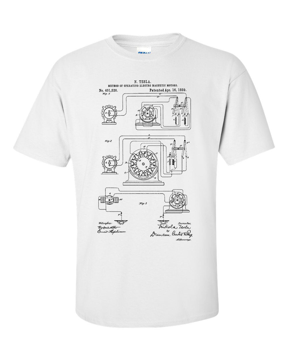 Nikola Tesla Operating Electric Motors Map Patent Blueprint T-Shirt