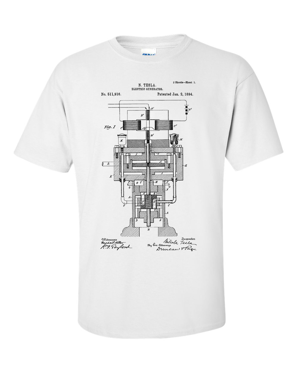 Nicola Tesla Electric Generator Patent Blueprint T-Shirt